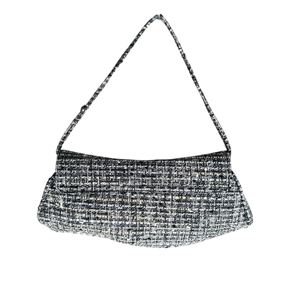 NEW Stuart Weitzman Tweed Rhinestone Flap Bag Grey Small Shoulder Bag Clutch - Picture 10 of 15